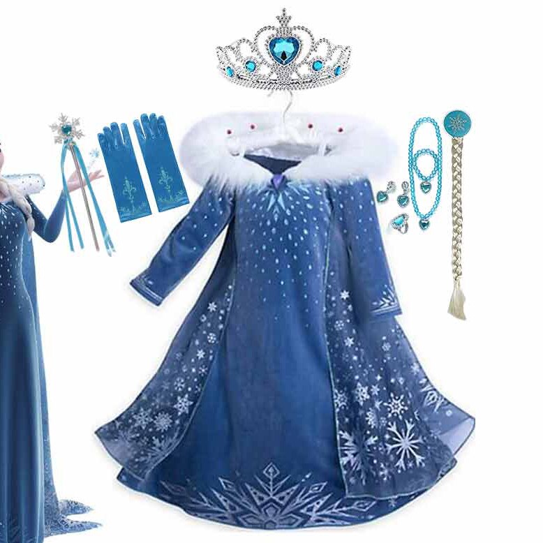 Elsa Winter Cosplay Costume for Girls Princess Party Queen Elsa Dress Kids Carnival Velvet Frocks Clothing