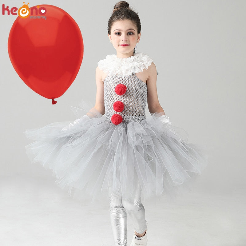 Girls Pennywise Costume, IT Cosplay Clown Halloween Tutu Dress Handmade Kids Dress for  Carnival Party