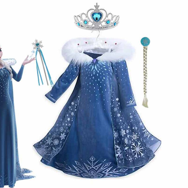 Elsa Winter Cosplay Costume for Girls Princess Party Queen Elsa Dress Kids Carnival Velvet Frocks Clothing