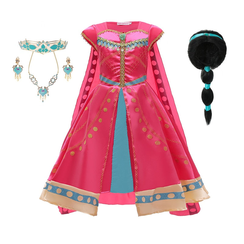 Aladdin Girls Fancy Princess Dresses For Halloween Party, Jasmine Cosplay Costume With Cloak 2-10 Years Old