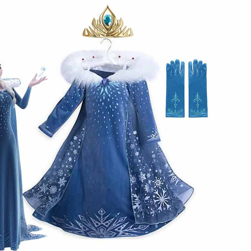 Elsa Winter Cosplay Costume for Girls Princess Party Queen Elsa Dress Kids Carnival Velvet Frocks Clothing