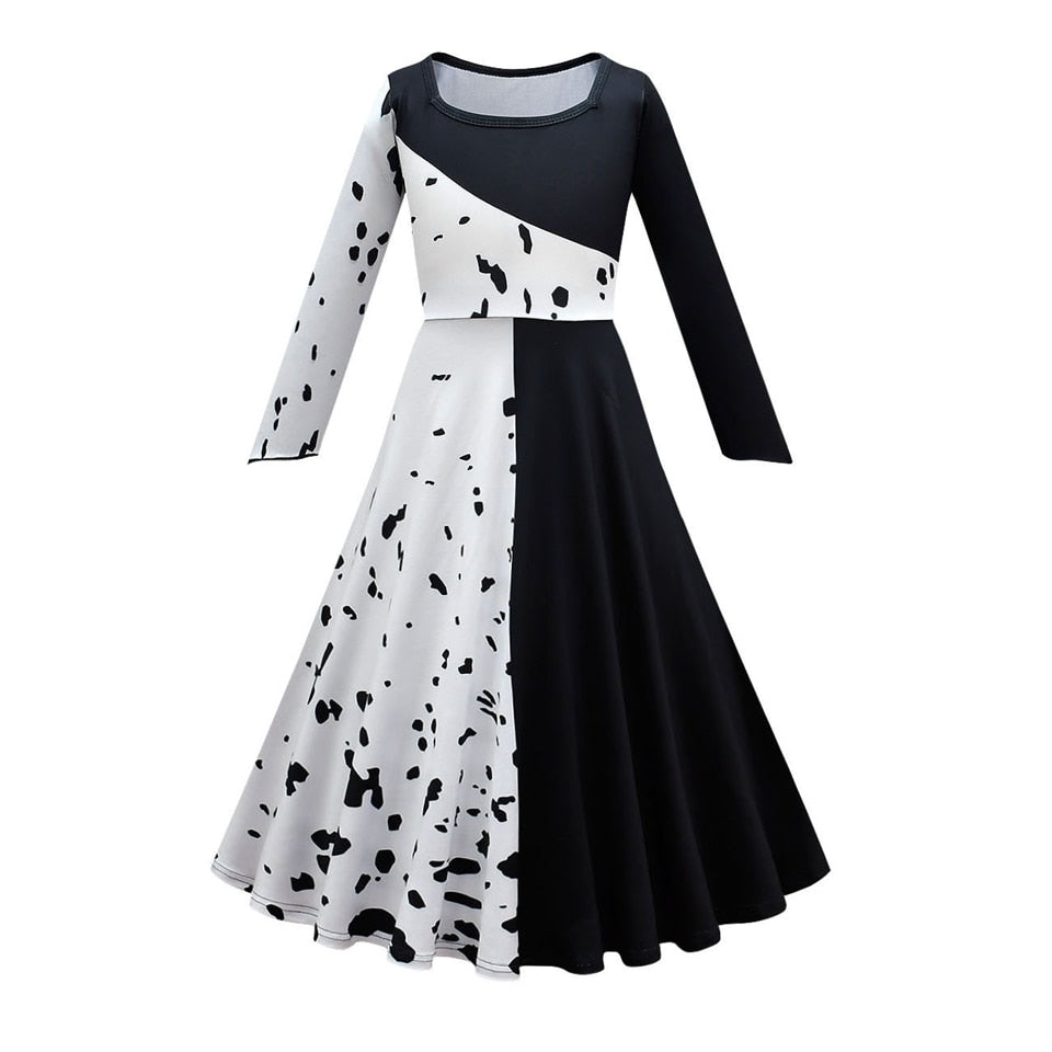 Halloween Cruella Dresses Girls Cosplay Costume Black & White Long Dress with Cape