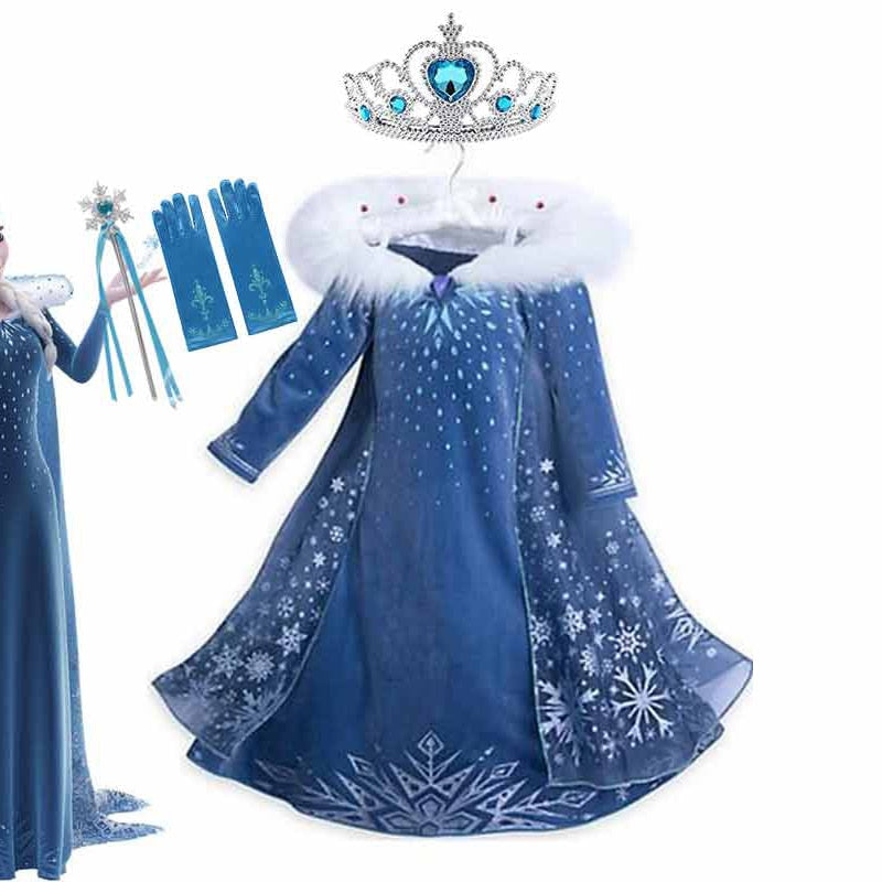 Elsa Winter Cosplay Costume for Girls Princess Party Queen Elsa Dress Kids Carnival Velvet Frocks Clothing