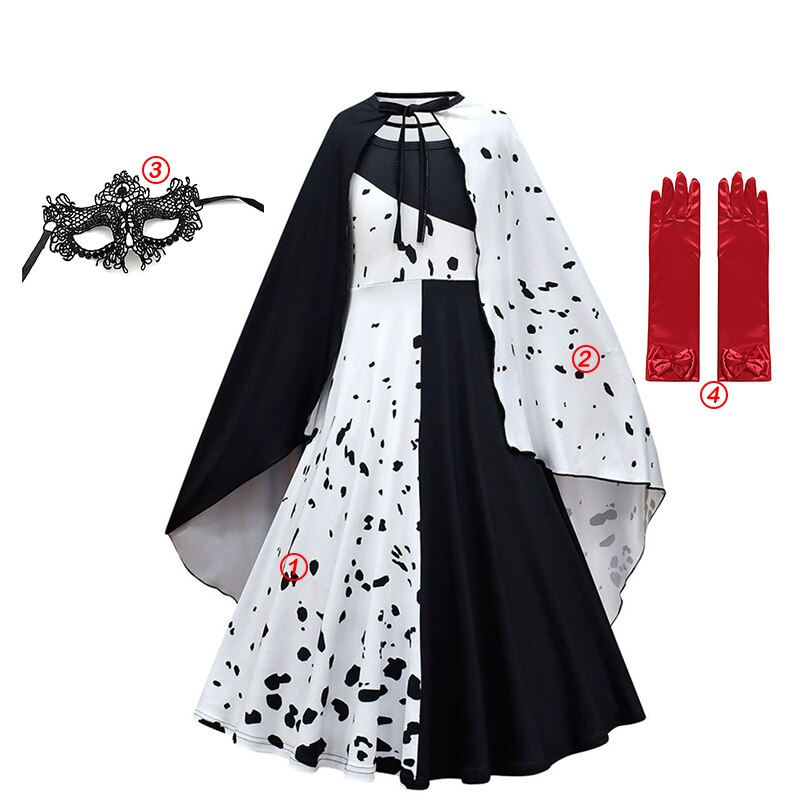 Halloween Cruella Dresses Girls Cosplay Costume Black & White Long Dress with Cape