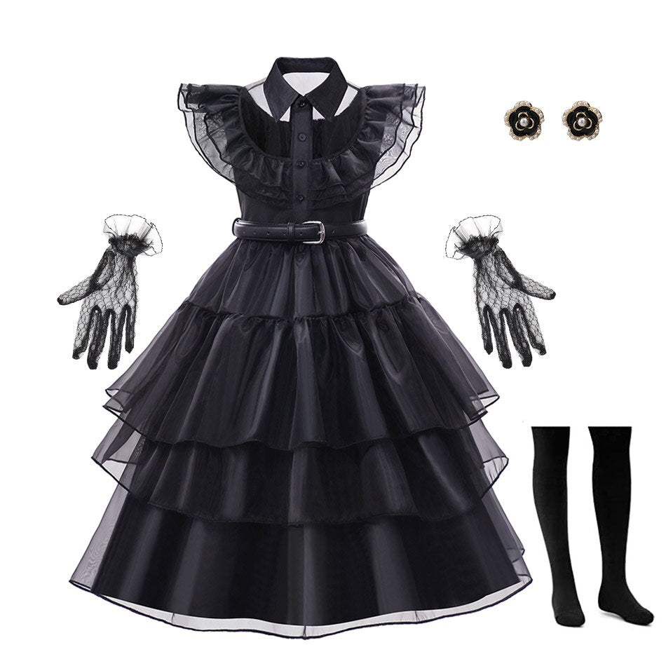 Ruched Puffy Black Dress Wednesday Addams Cosplay Costume