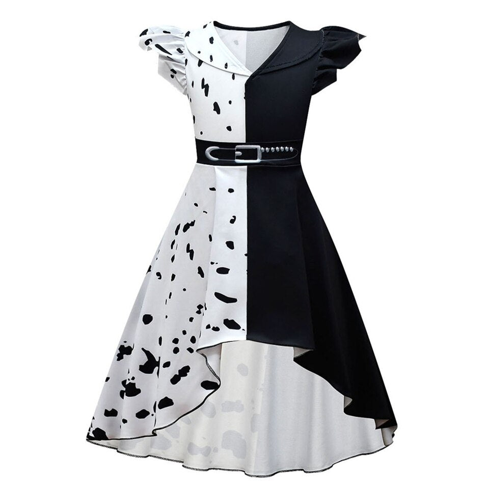 Halloween Cruella Dresses Girls Cosplay Costume Black & White Long Dress with Cape