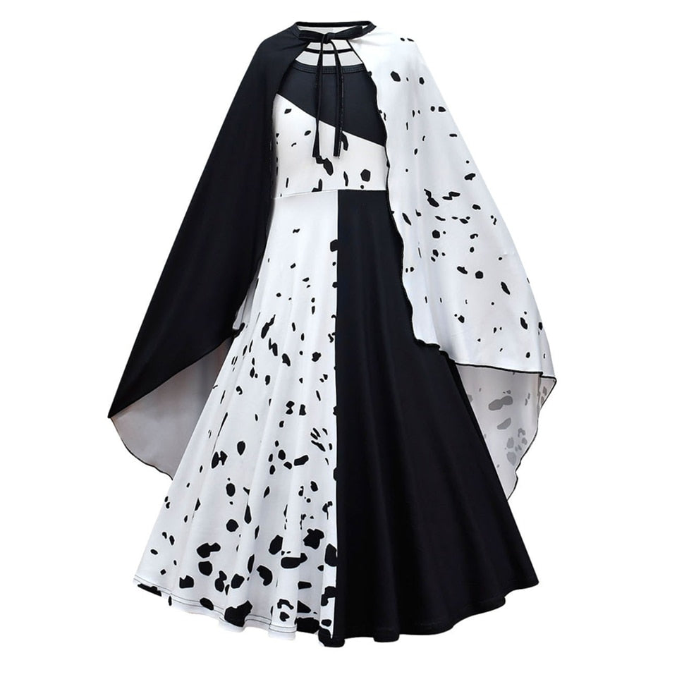 Halloween Cruella Dresses Girls Cosplay Costume Black & White Long Dress with Cape