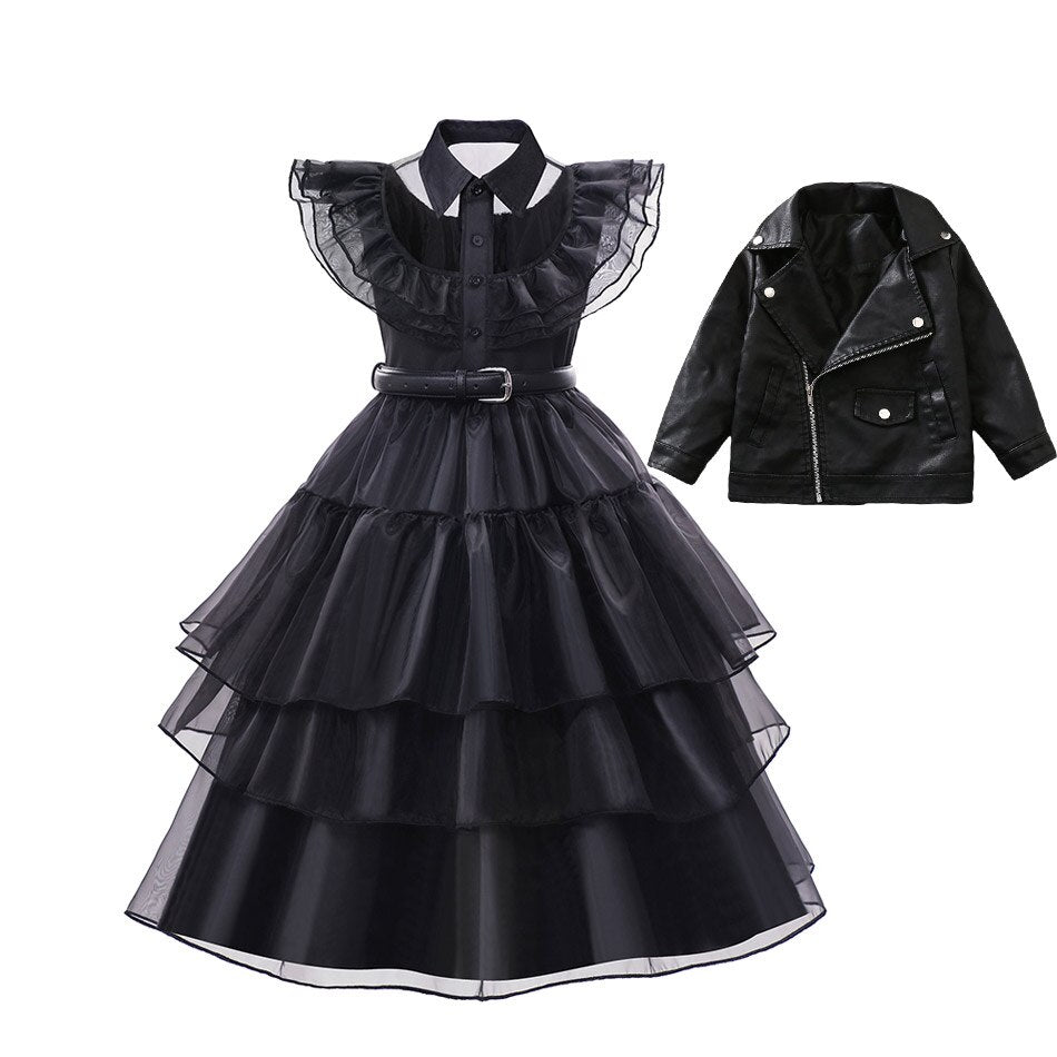 Ruched Puffy Black Dress Wednesday Addams Cosplay Costume