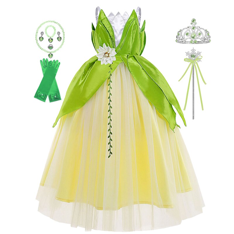 Disney The Princess and the Frog Cosplay Costume for Girls, Fancy Tiana Princess Dress Carnival Purim Party Kids Frock Clothing