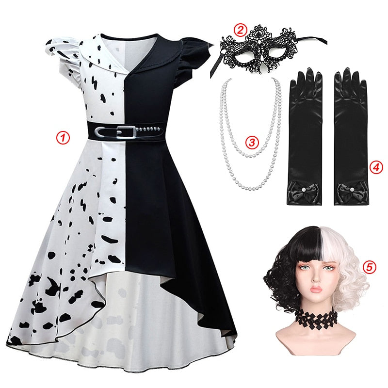 Halloween Cruella Dresses Girls Cosplay Costume Black & White Long Dress with Cape