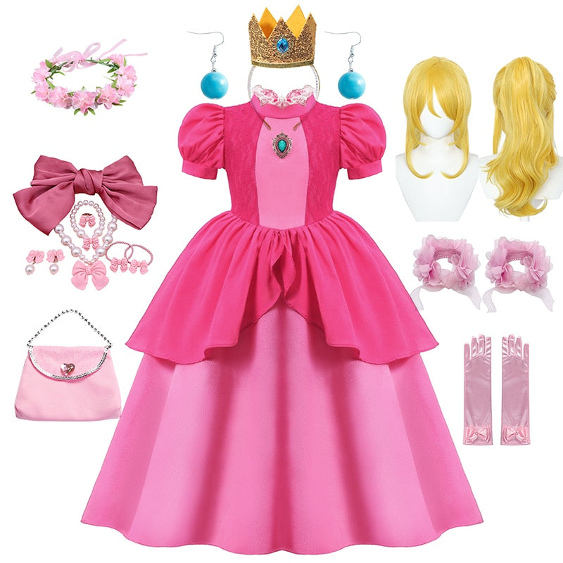 Peach Princess Dress For Girl Halloween Cosplay Costume Children Stage Performance Clothes Kids Birthday Carnival Party Outfits