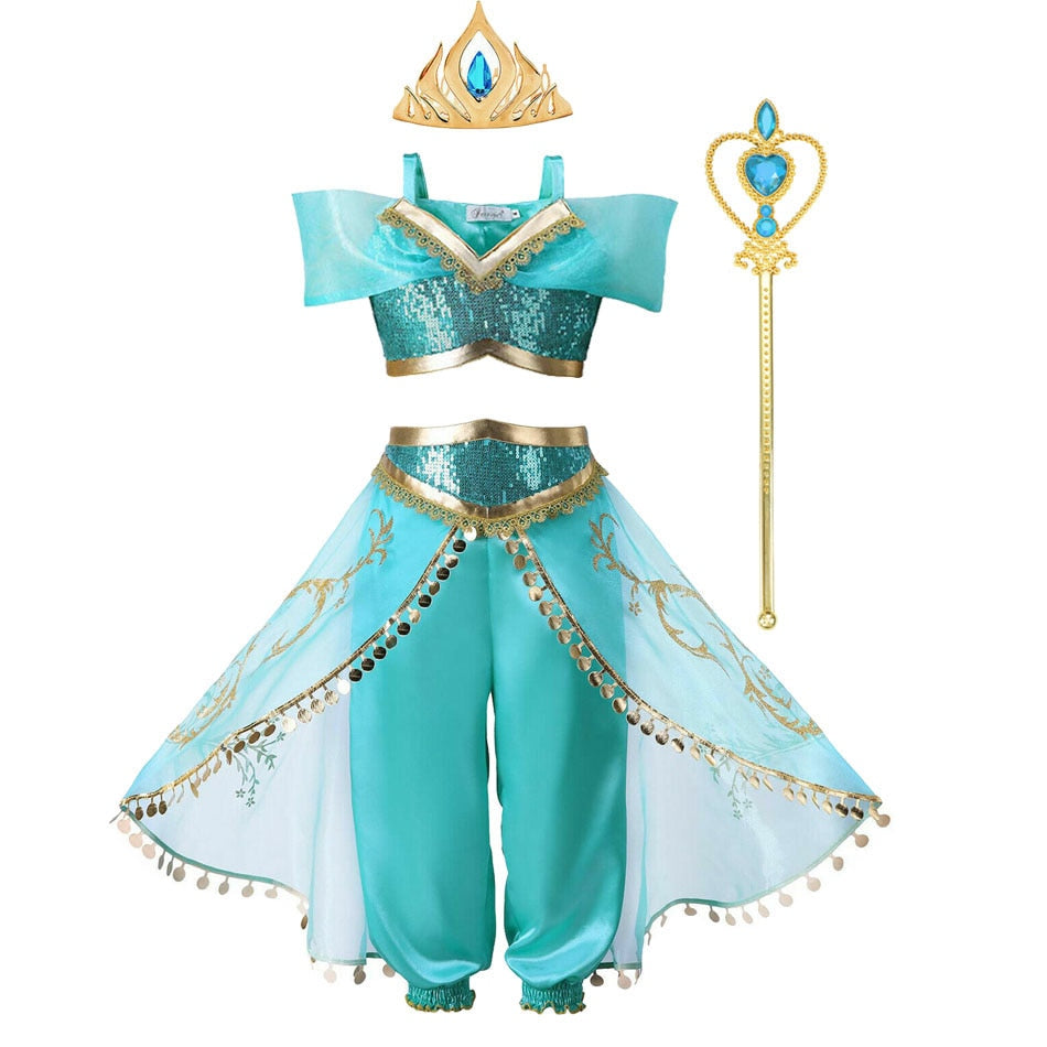 Girls Princess Fancy Dresses Jasmine Outfits Aladdin Halloween Cosplay  Costumes