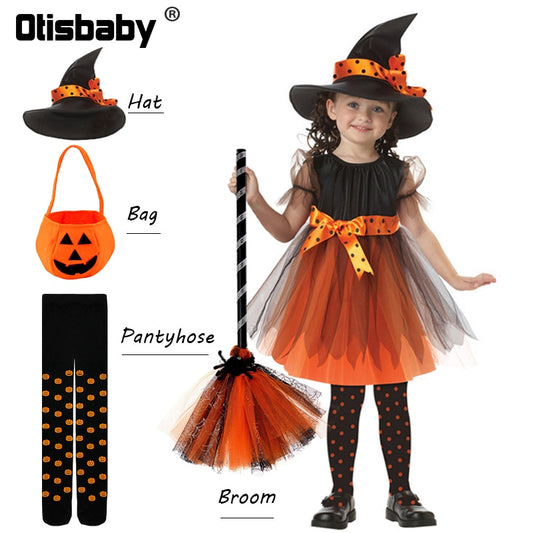 Children Girls Halloween Cosplay Witch Costume Teens Baby Girl Gown Infant Witch Dress Clothing Set Hat Pumpkin Bag