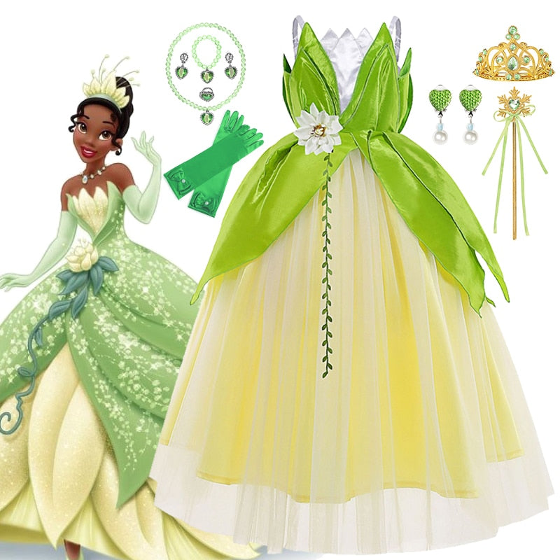 Disney The Princess and the Frog Cosplay Costume for Girls, Fancy Tiana Princess Dress Carnival Purim Party Kids Frock Clothing