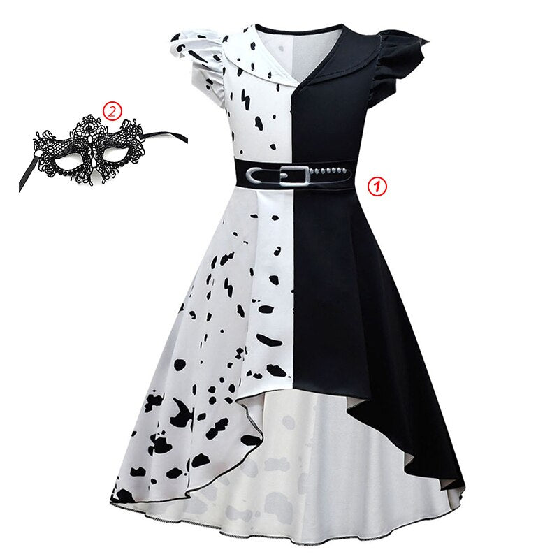 Halloween Cruella Dresses Girls Cosplay Costume Black & White Long Dress with Cape