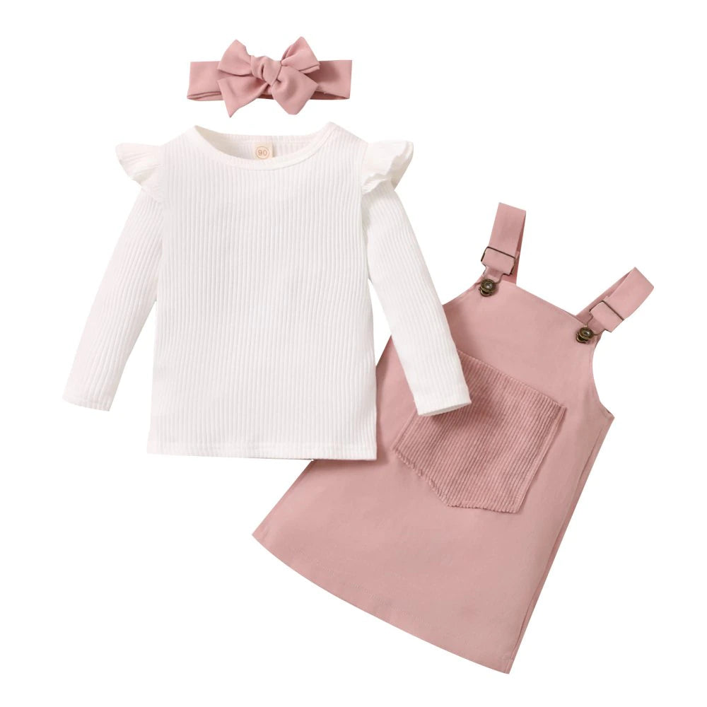 Newborn Baby Girl Pocket Suspender Skirts with  Long Sleeve Bodysuit & Headband