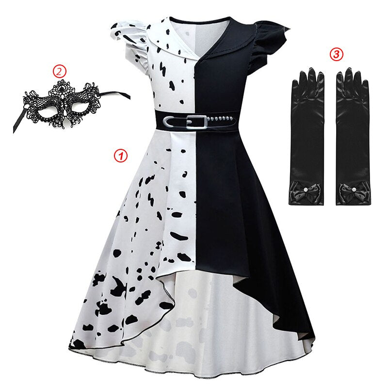 Halloween Cruella Dresses Girls Cosplay Costume Black & White Long Dress with Cape