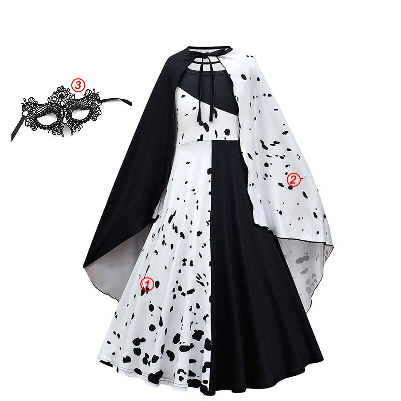 Halloween Cruella Dresses Girls Cosplay Costume Black & White Long Dress with Cape