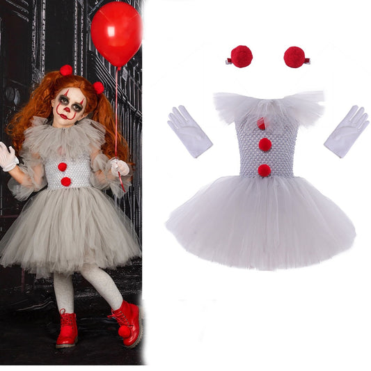 Creepy Clown Girls Dress Halloween Carnival Cosplay for 2-10 Years Old