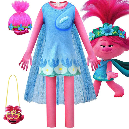 Poppy Trolls Cosplay Costume  with bag and hair for Girls