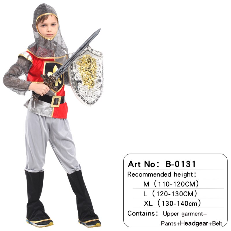 Halloween Kids Boys Royal Warrior Knight Costumes, Children Medieval Roman attached Cape Carnival Party No Weapon