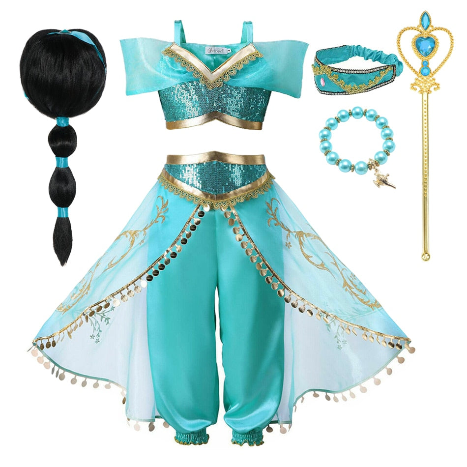 Jasmine Dress Aladdin Princess with accessories including Magic Lamp, Carnival Clothing, Halloween Party Cosplay Costume