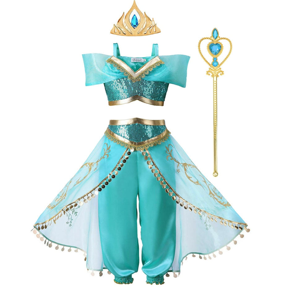 Jasmine Dress Aladdin Princess with accessories including Magic Lamp, Carnival Clothing, Halloween Party Cosplay Costume