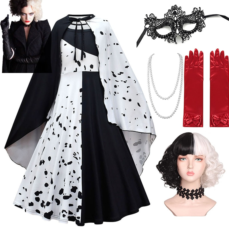 Halloween Cruella Dresses Girls Cosplay Costume Black & White Long Dress with Cape