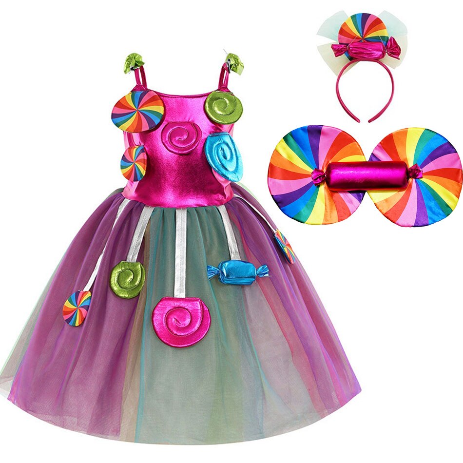 Rainbow Candy Princess Dress Girls Ball Lollipop Purim Costume for Kids with Headband Holiday Birthday Party Clothes Outfits