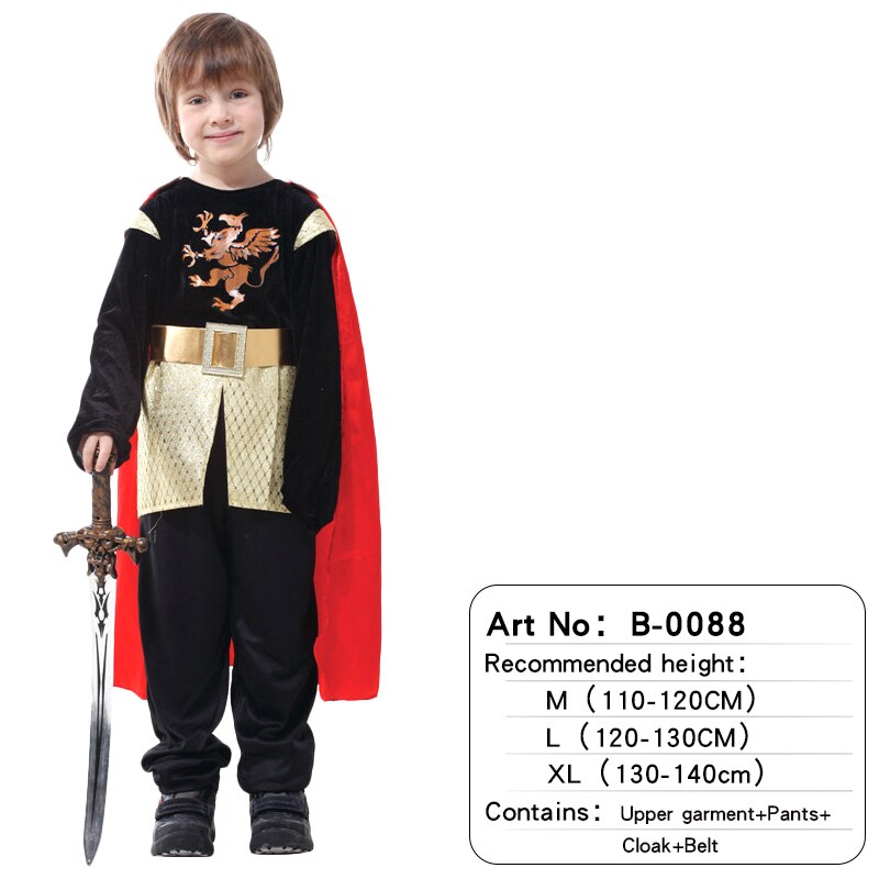 Halloween Kids Boys Royal Warrior Knight Costumes, Children Medieval Roman attached Cape Carnival Party No Weapon