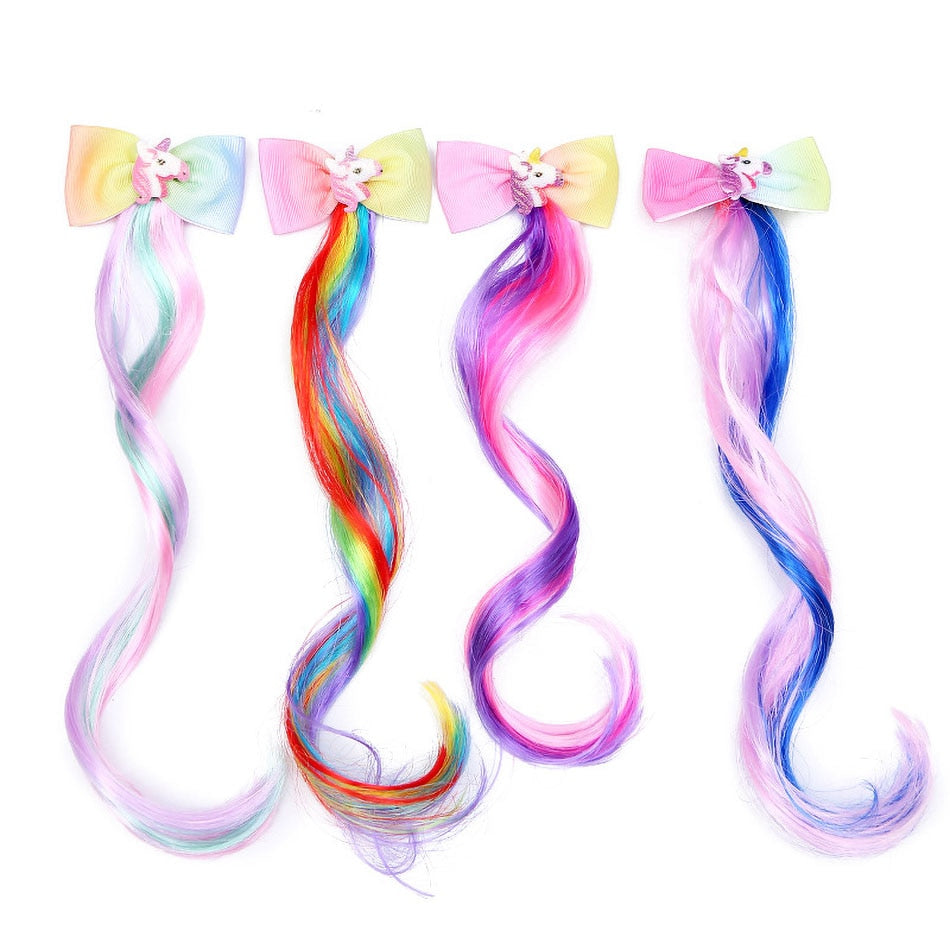 Kids Rainbow Hair Clips Unicorn Hair Extensions for Girls Children Ponytail Holder Baby Princess Barrettes Hair Bow Accessories 