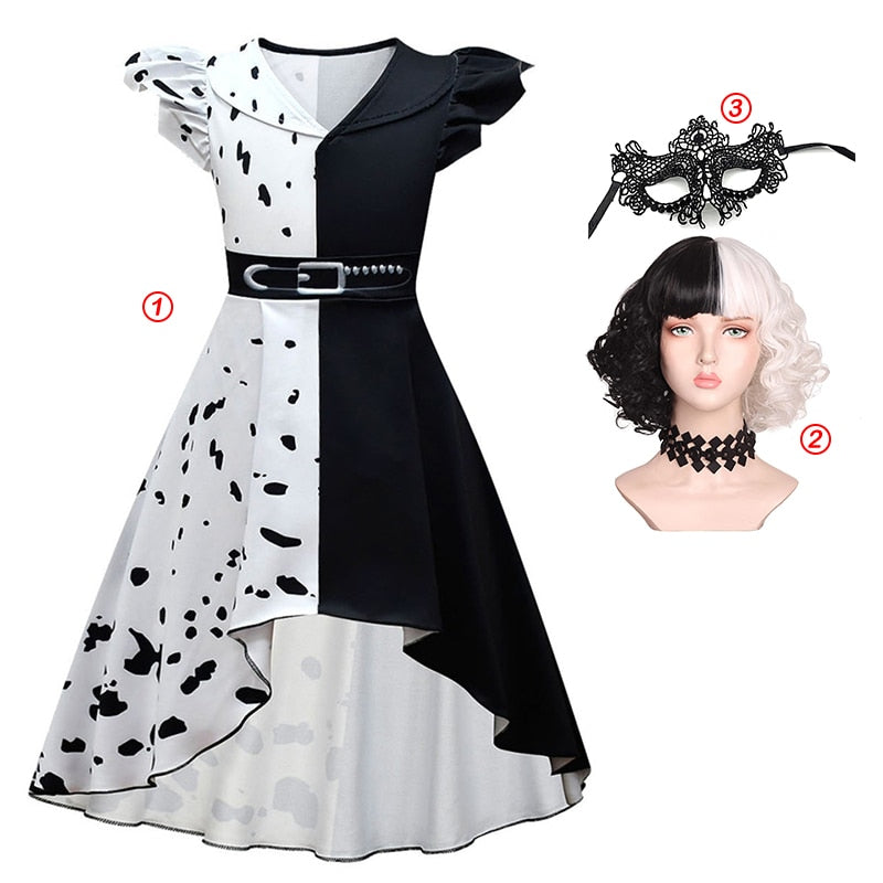 Halloween Cruella Dresses Girls Cosplay Costume Black & White Long Dress with Cape