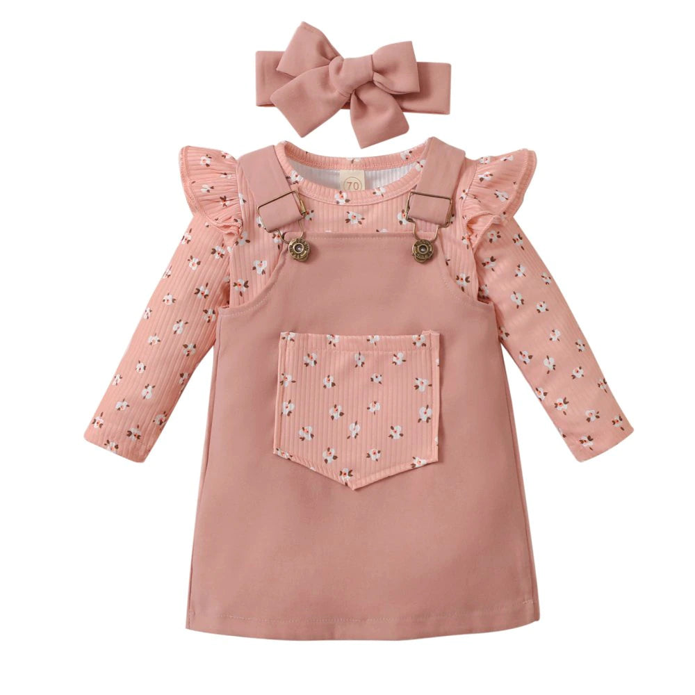 Newborn Baby Girl Pocket Suspender Skirts with  Long Sleeve Bodysuit & Headband