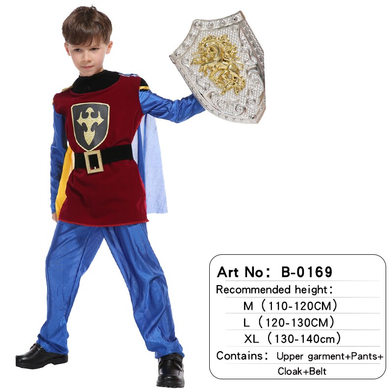 Halloween Kids Boys Royal Warrior Knight Costumes, Children Medieval Roman attached Cape Carnival Party No Weapon