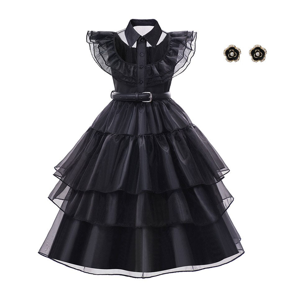 Ruched Puffy Black Dress Wednesday Addams Cosplay Costume