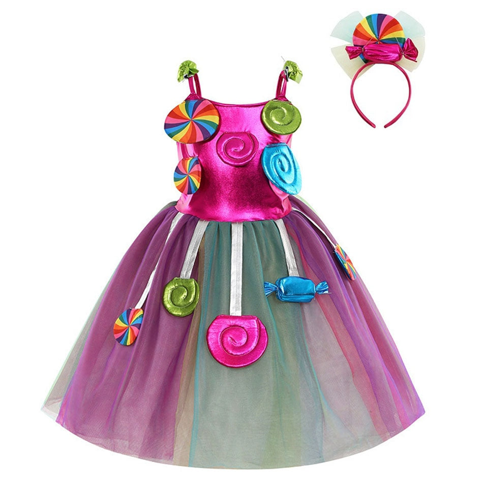 Rainbow Candy Princess Dress Girls Ball Lollipop Purim Costume for Kids with Headband Holiday Birthday Party Clothes Outfits