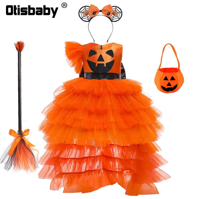 Halloween Disguised Baby Girl Pumpkin Print Witch Tiered Cocktail Dresses with Train Child Coplay Vampire Masquerade Tail Dress