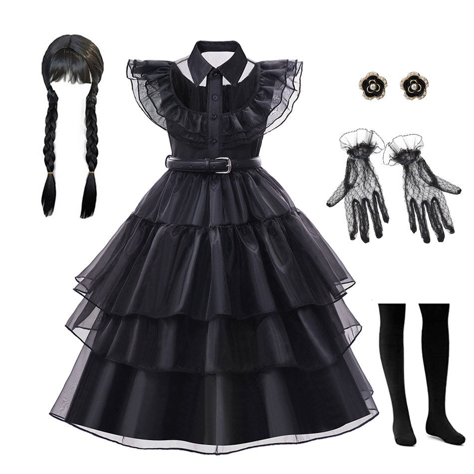 Ruched Puffy Black Dress Wednesday Addams Cosplay Costume