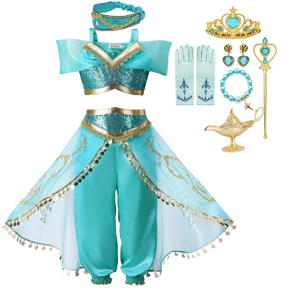 Jasmine Dress Aladdin Princess with accessories including Magic Lamp, Carnival Clothing, Halloween Party Cosplay Costume