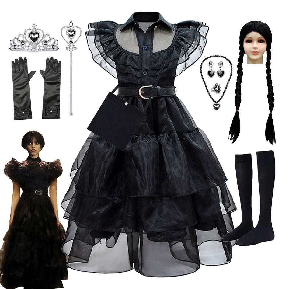 Wednesday Addams Cosplay Dress Kids Girls Costumes Black Gothic Dresses Children Halloween Party Clothes