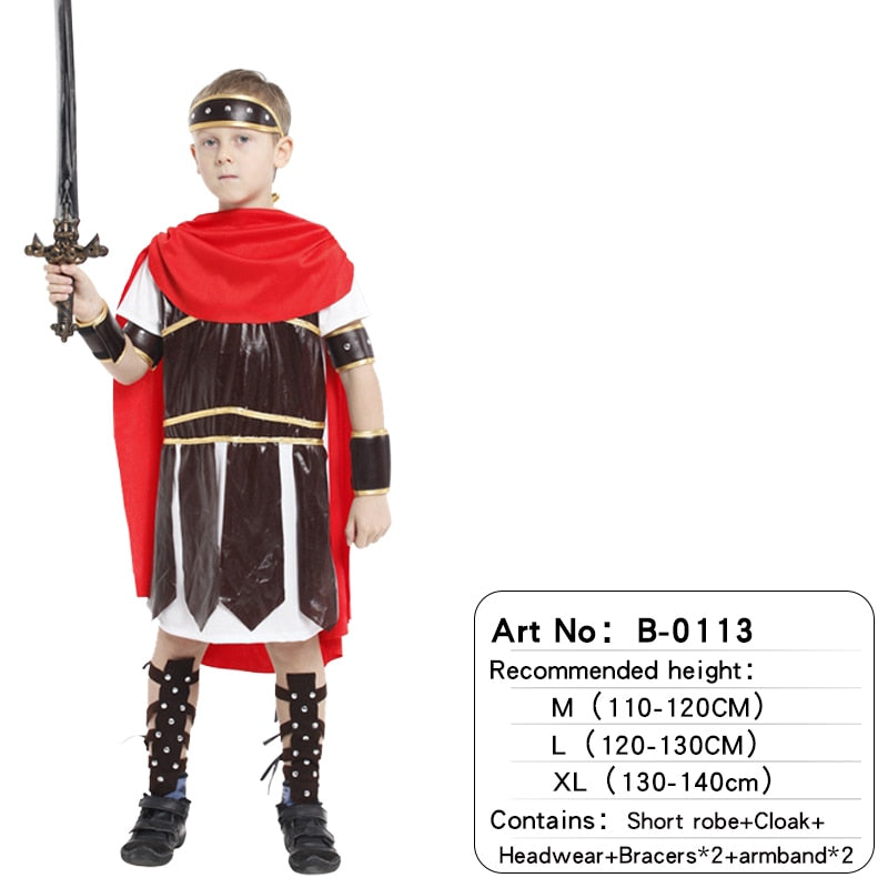 Halloween Kids Boys Royal Warrior Knight Costumes, Children Medieval Roman attached Cape Carnival Party No Weapon