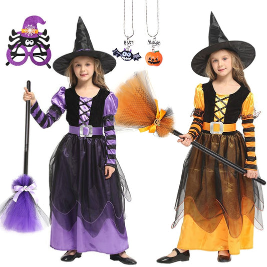 Girls Halloween Cosplay Witch Dress+Hat+belt Clothing Set