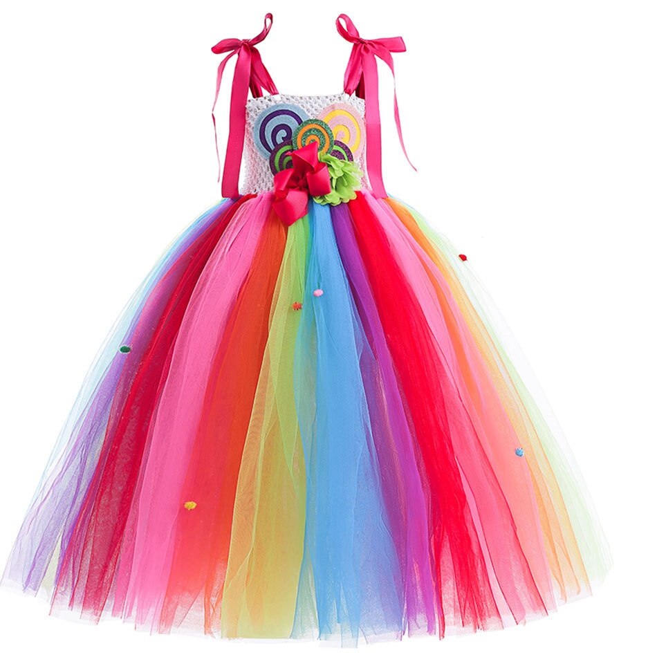 Rainbow Candy Princess Dress Girls Ball Lollipop Purim Costume for Kids with Headband Holiday Birthday Party Clothes Outfits