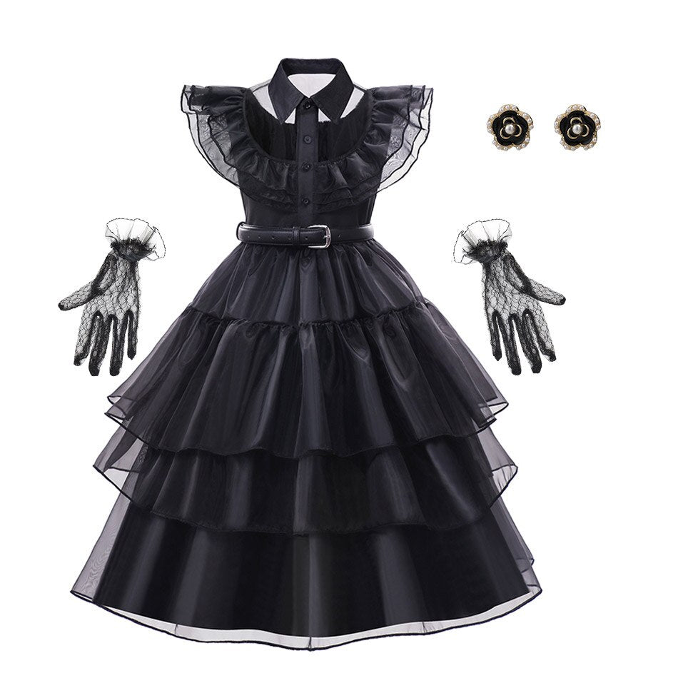 Ruched Puffy Black Dress Wednesday Addams Cosplay Costume