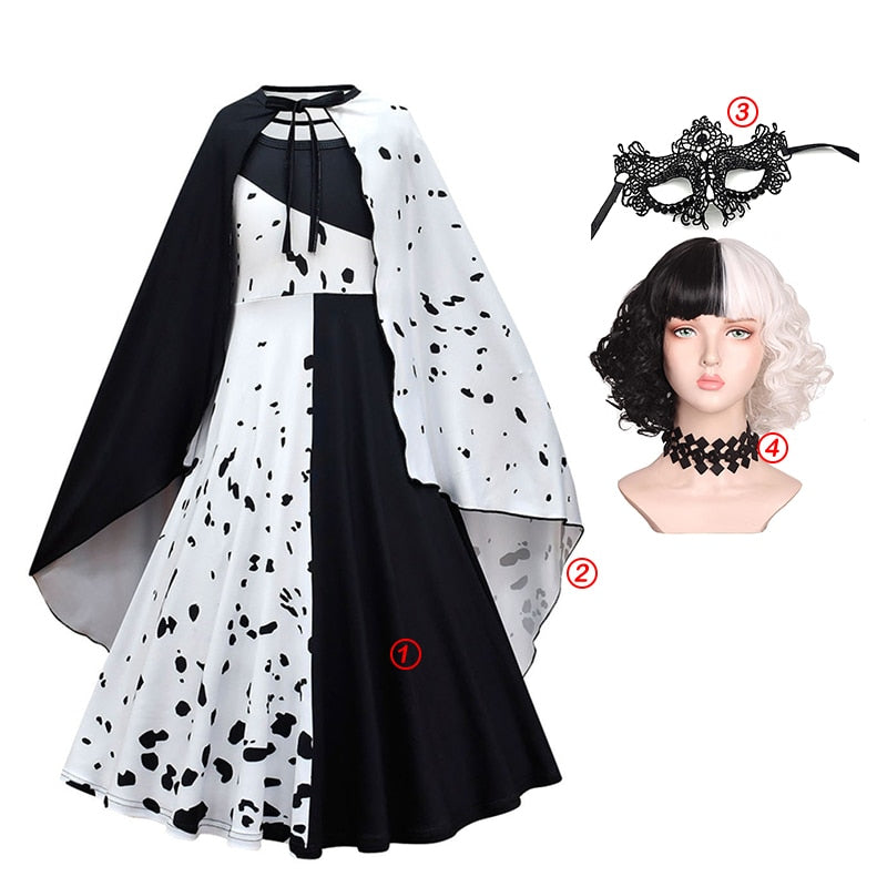 Halloween Cruella Dresses Girls Cosplay Costume Black & White Long Dress with Cape