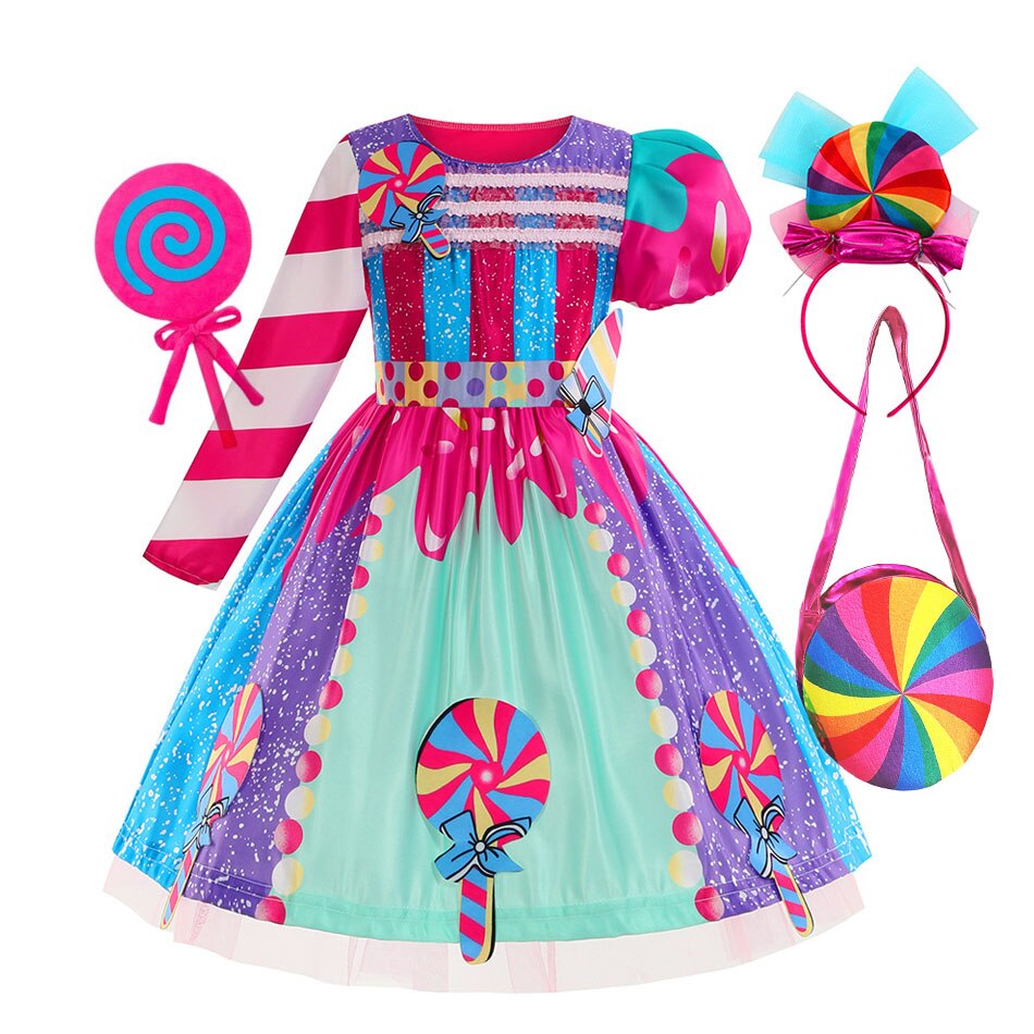 Rainbow Candy Princess Dress Girls Ball Lollipop Purim Costume for Kids with Headband Holiday Birthday Party Clothes Outfits