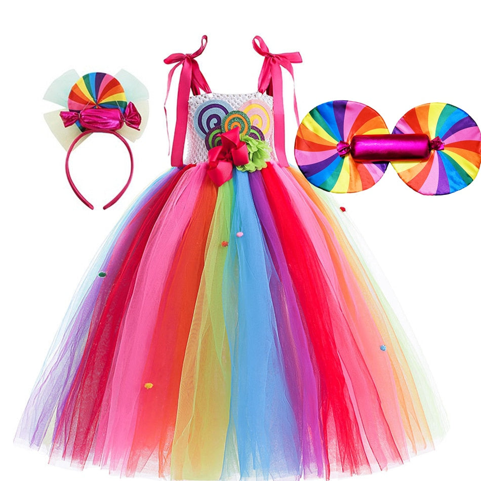 Rainbow Candy Princess Dress Girls Ball Lollipop Purim Costume for Kids with Headband Holiday Birthday Party Clothes Outfits