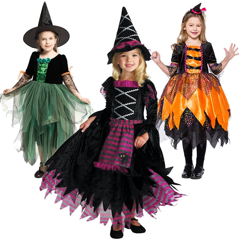 Halloween Masquerade Party Girls Purple Orange Green Witch Costume Hat Broom Props Child Carnival Stage Drama Performance Dress