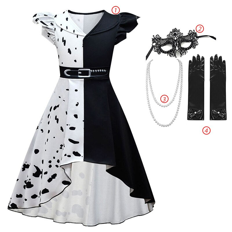 Halloween Cruella Dresses Girls Cosplay Costume Black & White Long Dress with Cape