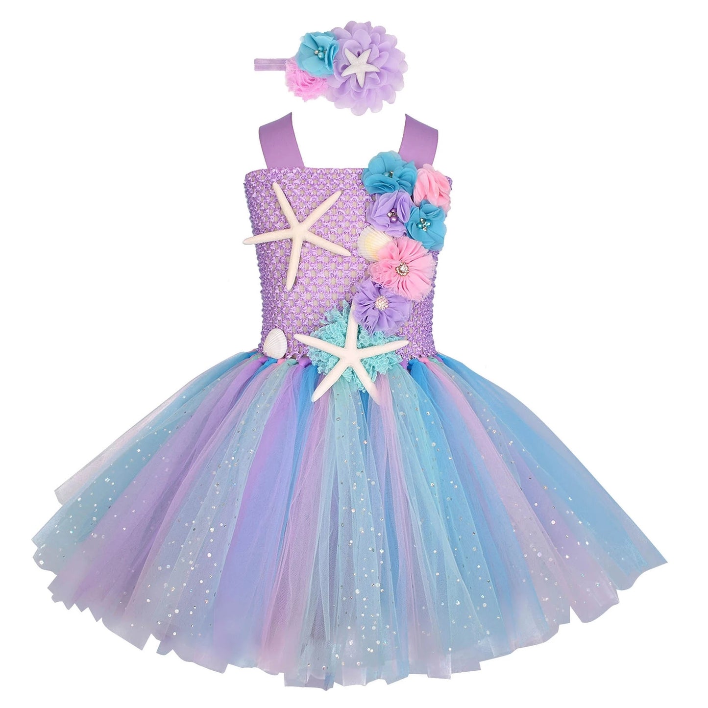 Disney Girls Pastel Ariel Mermaid Tutu Dress Under the Sea Theme Birthday Party Costume with Flower Headband Ocean Flower Dresses 1-12Y